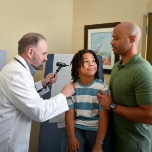 A Centra Care Provider Checks a Child Patient's Ears While His Father Supports Him