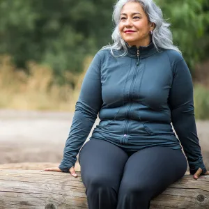 A mature woman sits outside on a log