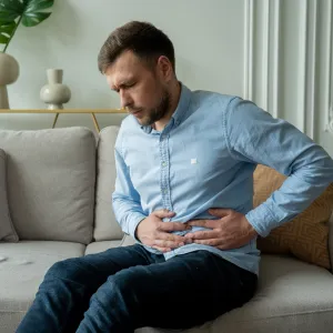 A Man Winces in Pain as He Hold's his Side