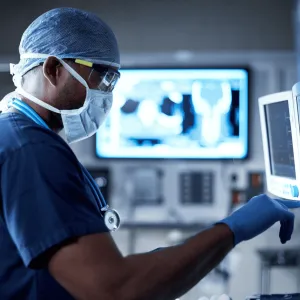 A Surgeon Reviews Monitors While in a Procedure.