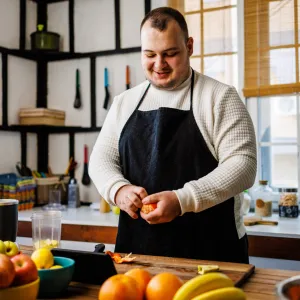 A man cutting up fruit in the kitchen.
