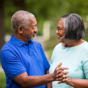 An elderly couple, enjoying each other company while grabbing hands in the park.