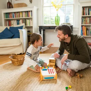 A dad playing a board game with his son in the family room.