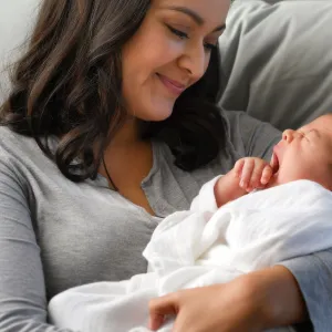 A mom holds her newborn infant.