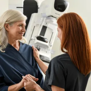 Woman with a technician before a mammogram standing in front of a mammography machine.