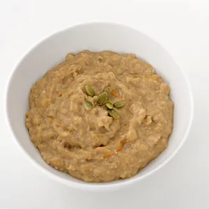 a bowl of hot breakfast cereal, mixed with pumpkin puree and topped with a sprinkle of pumpkin seeds