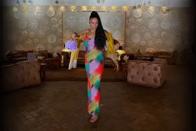 Sharlene wearing a colorful dress after bariatric surgery