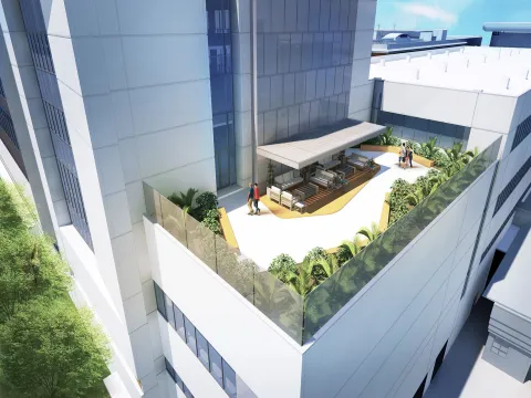 The exterior roof terrace of The Taneja Center