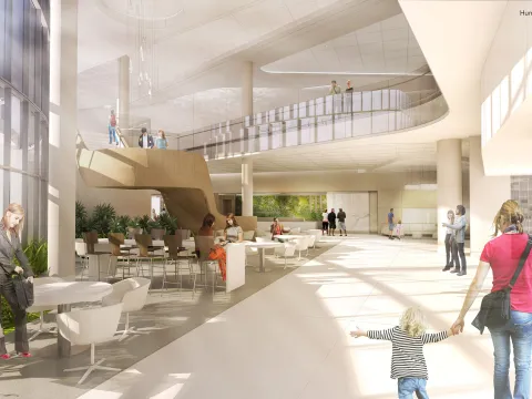 A vast, vertical view of the main lobby at The Taneja Center