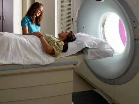 A patient gets a CT scan on the advanced equpitment at AdventHealth.
