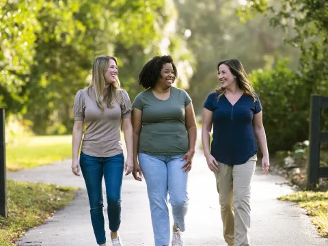 Three women walking outdoors