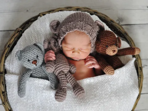 baby sleeping in basket with stuffed animals