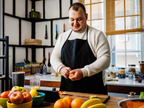 A man cutting up fruit in the kitchen.