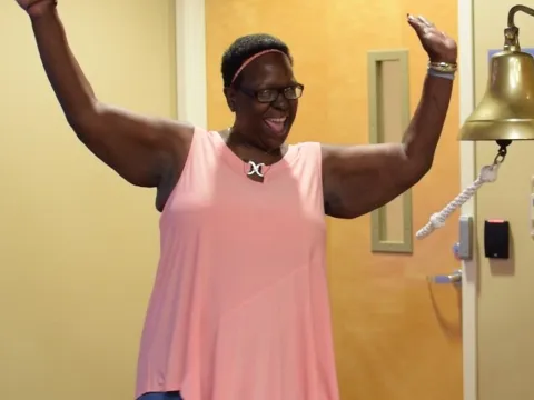 Phyllis Little celebrates the completion of her breast cancer treatment.