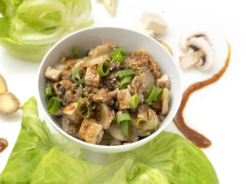 Bowl of tofu chunks and green onions with lettuce garnish