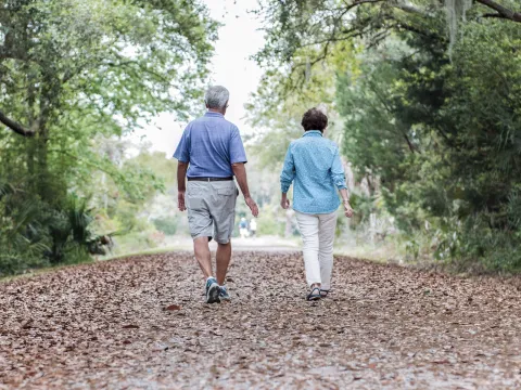 An elderly Caucasian couple takes an afternoon walk on a trail.