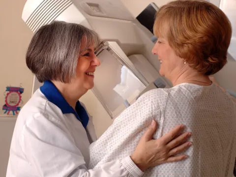 Woman getting a mammogram.
