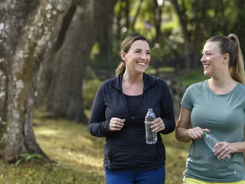 Two women walking outdoors