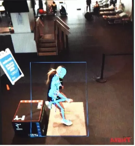 Screen capture from 3D Motion Lab Video, with skeleton overlay