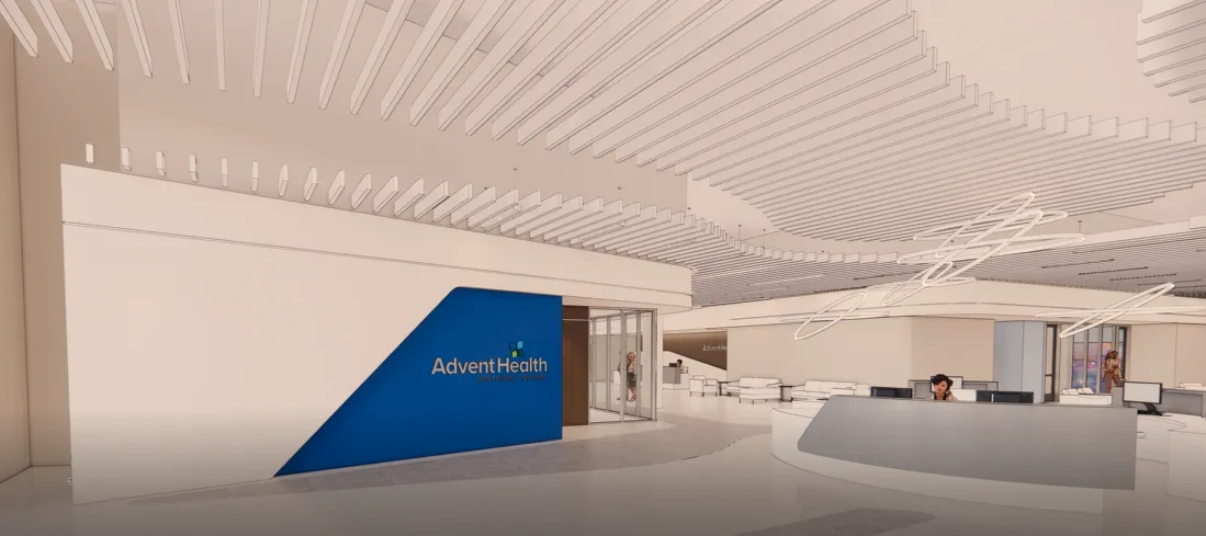 AdventHealth blue wall in lobby rendering of New Tampa Care Pavilion